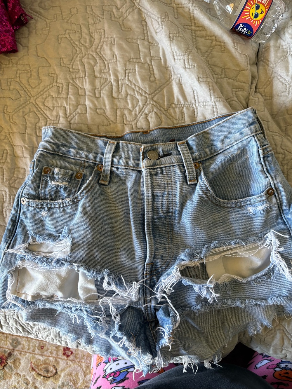 Levi's Light Blue Frayed Distressed Denim Shorts